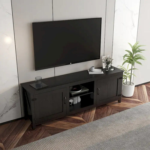 Meuble TV noir 70.08 avec portes et compartiments ouverts pour téléviseurs 60 pouces