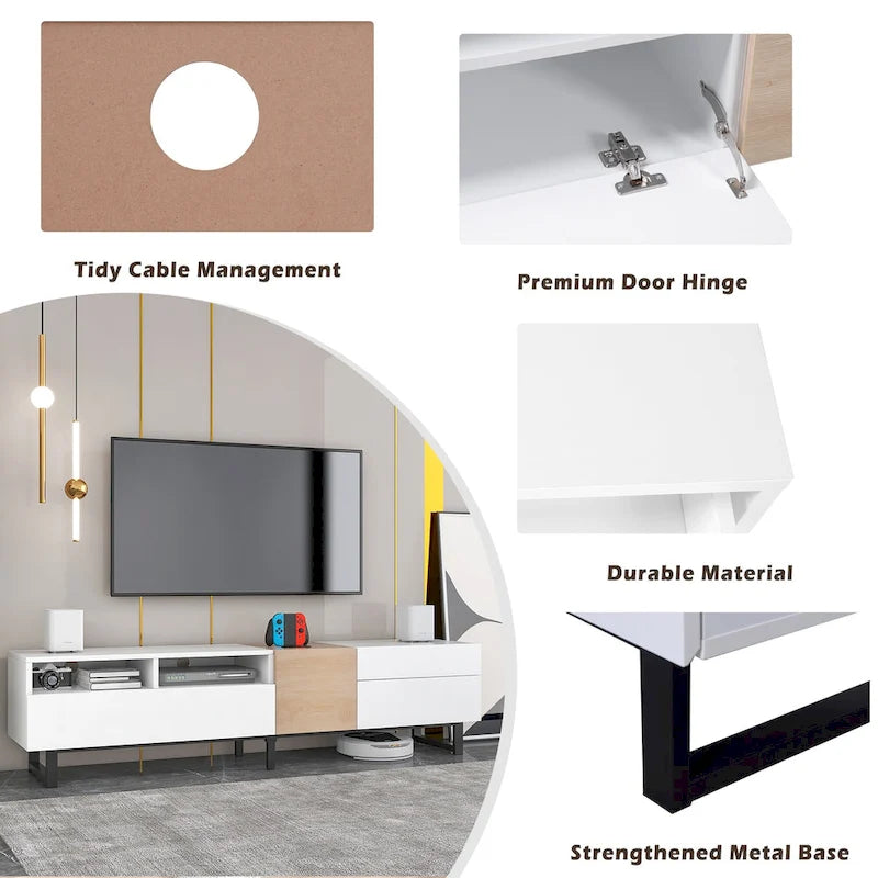 Meuble TV Blanc+Naturel de 70,9 po avec rangement et porte abattante pour téléviseurs jusqu'à 80 po