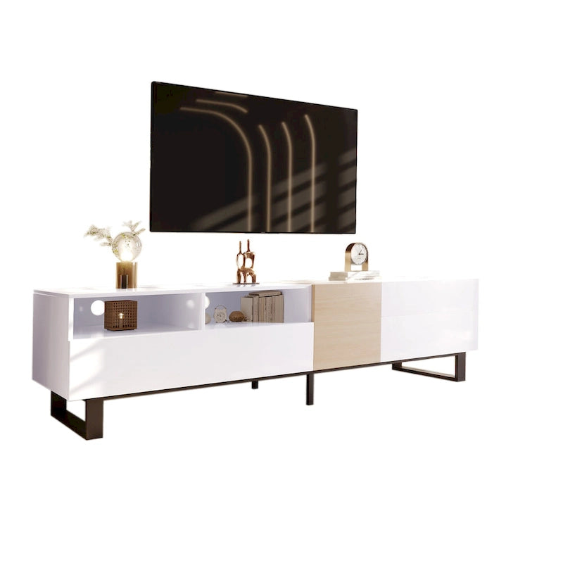 Meuble TV Blanc+Naturel de 70,9 po avec rangement et porte abattante pour téléviseurs jusqu'à 80 po