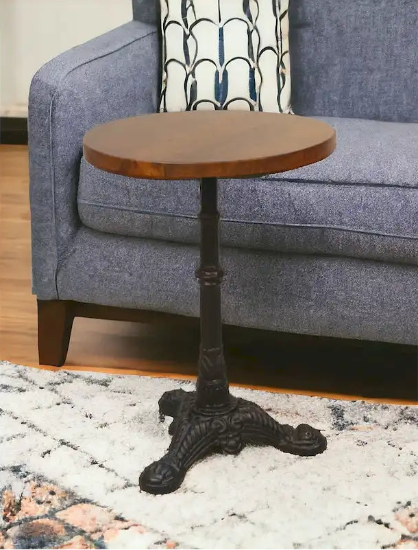 HomeRoots 28 Black And Wood Brown Solid Wood And Iron Round End Table - 28