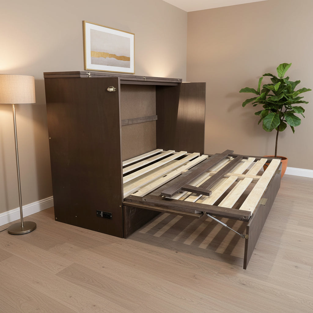 Lit escamotable grand format style ferme avec station de charge et grand tiroir de rangement