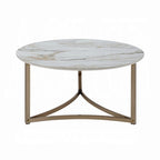 Table basse Acor, 89 cm, plateau rond en pierre frittée, blanc et or