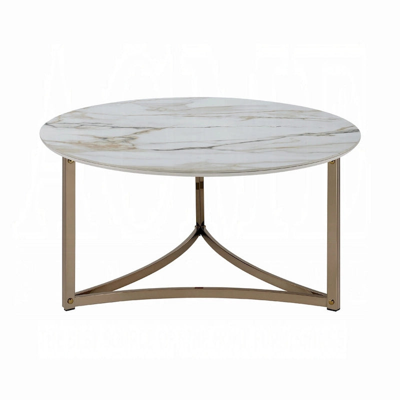 Table basse Acor, 89 cm, plateau rond en pierre frittée, blanc et or
