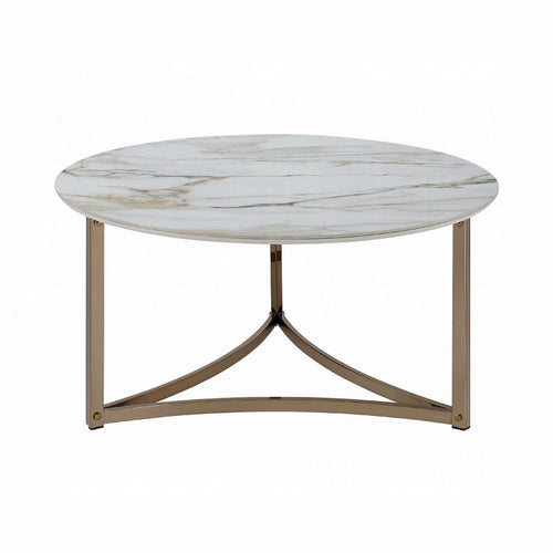 Table basse Acor, 89 cm, plateau rond en pierre frittée, blanc et or