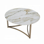 Table basse Acor, 89 cm, plateau rond en pierre frittée, blanc et or