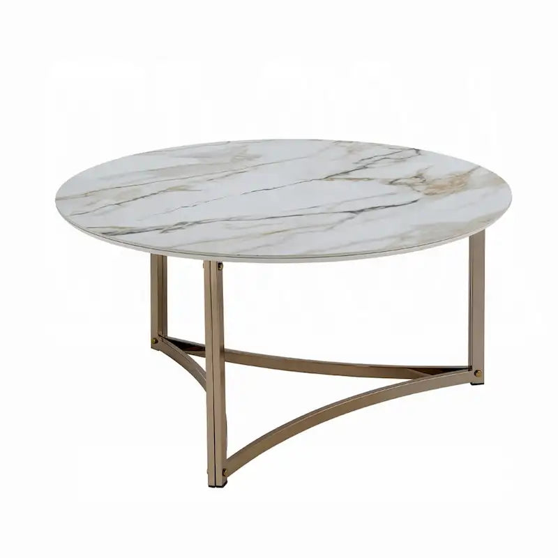 Table basse Acor, 89 cm, plateau rond en pierre frittée, blanc et or