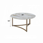 Table basse Acor, 89 cm, plateau rond en pierre frittée, blanc et or