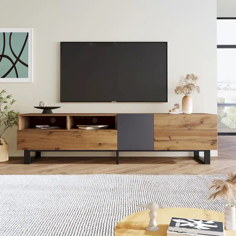 Meuble TV Wood+Grey 70 avec double rangement et porte abattante, pour TV jusqu'à 80 pouces