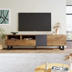 Meuble TV Wood+Grey 70 avec double rangement et porte abattante, pour TV jusqu'à 80 pouces