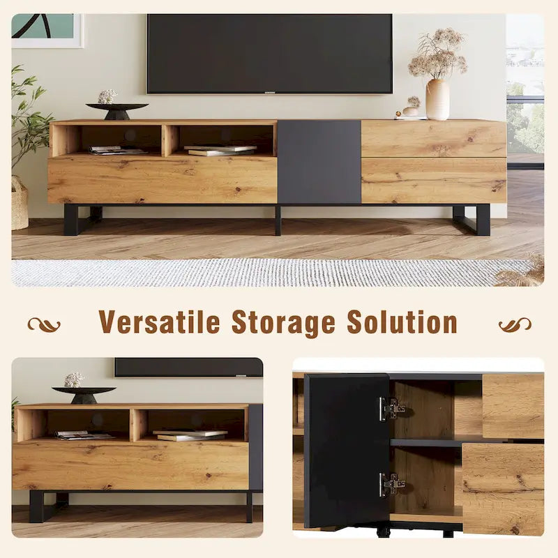 Meuble TV Wood+Grey 70 avec double rangement et porte abattante, pour TV jusqu'à 80 pouces