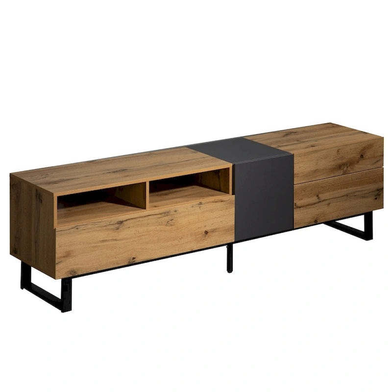 Meuble TV Wood+Grey 70 avec double rangement et porte abattante, pour TV jusqu'à 80 pouces
