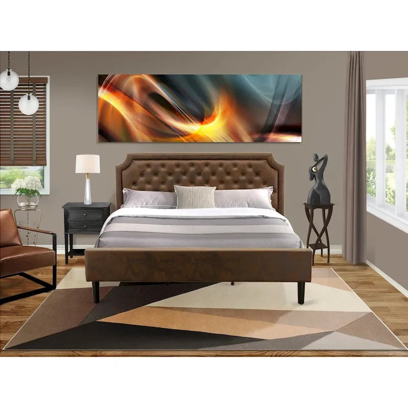 Ensemble de chambre à coucher King 2 pièces avec lit et table de chevet brossée en fil de fer noir - Cuir PU marron foncé et pieds noirs (option de taille de lit)