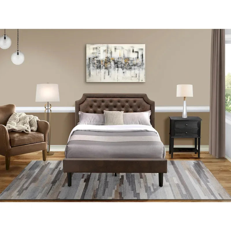 Ensemble de chambre à coucher King 2 pièces avec lit et table de chevet brossée en fil de fer noir - Cuir PU marron foncé et pieds noirs (option de taille de lit)
