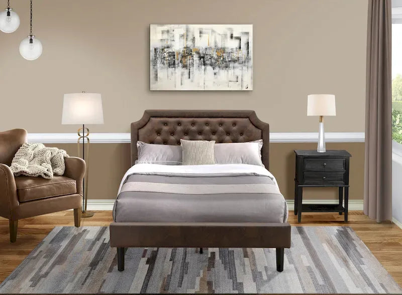 2-Piece King Bedroom set with Bed and Wire Brushed Black End Table - Dark Brown Pu leather and Black Legs (Bed Size Option)