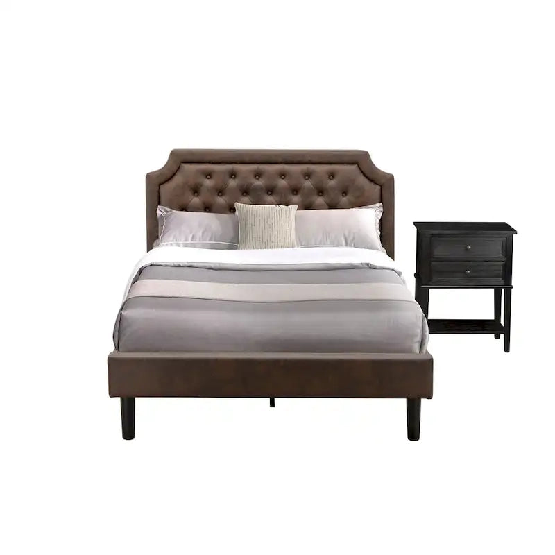Ensemble de chambre à coucher King 2 pièces avec lit et table de chevet brossée en fil de fer noir - Cuir PU marron foncé et pieds noirs (option de taille de lit)