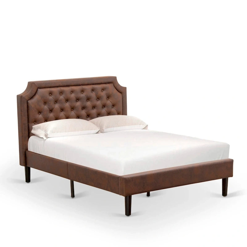 Ensemble de chambre à coucher King 2 pièces avec lit et table de chevet brossée en fil de fer noir - Cuir PU marron foncé et pieds noirs (option de taille de lit)