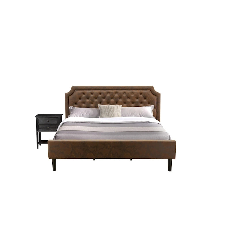Ensemble de chambre à coucher King 2 pièces avec lit et table de chevet brossée en fil de fer noir - Cuir PU marron foncé et pieds noirs (option de taille de lit)