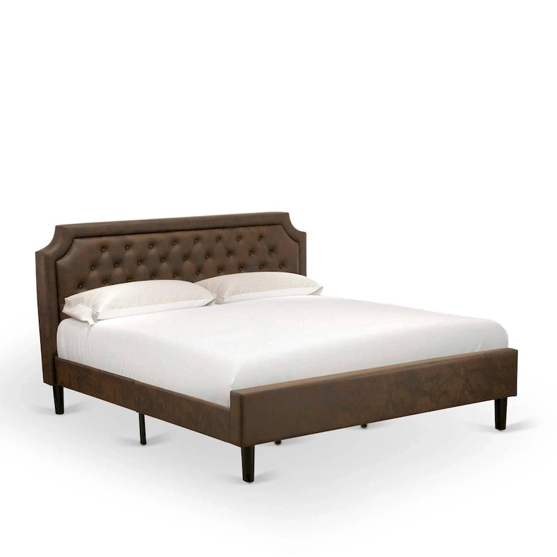 Ensemble de chambre à coucher King 2 pièces avec lit et table de chevet brossée en fil de fer noir - Cuir PU marron foncé et pieds noirs (option de taille de lit)