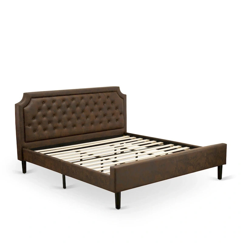 Ensemble de chambre à coucher King 2 pièces avec lit et table de chevet brossée en fil de fer noir - Cuir PU marron foncé et pieds noirs (option de taille de lit)