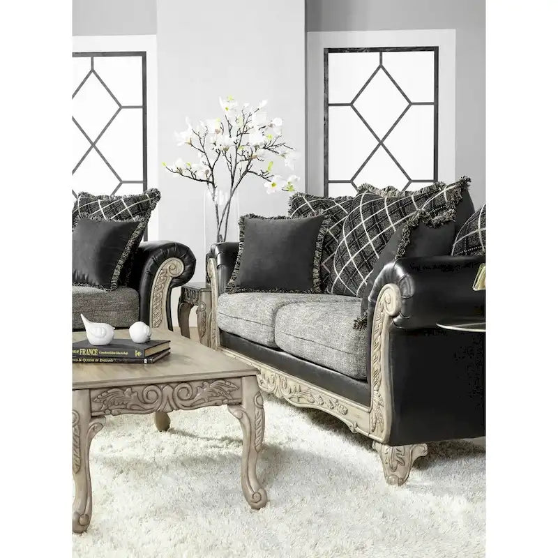 Ensemble de canapé et de causeuse San Marino en tissu bicolore avec cadre en bois et 3 tables, couleur ébène