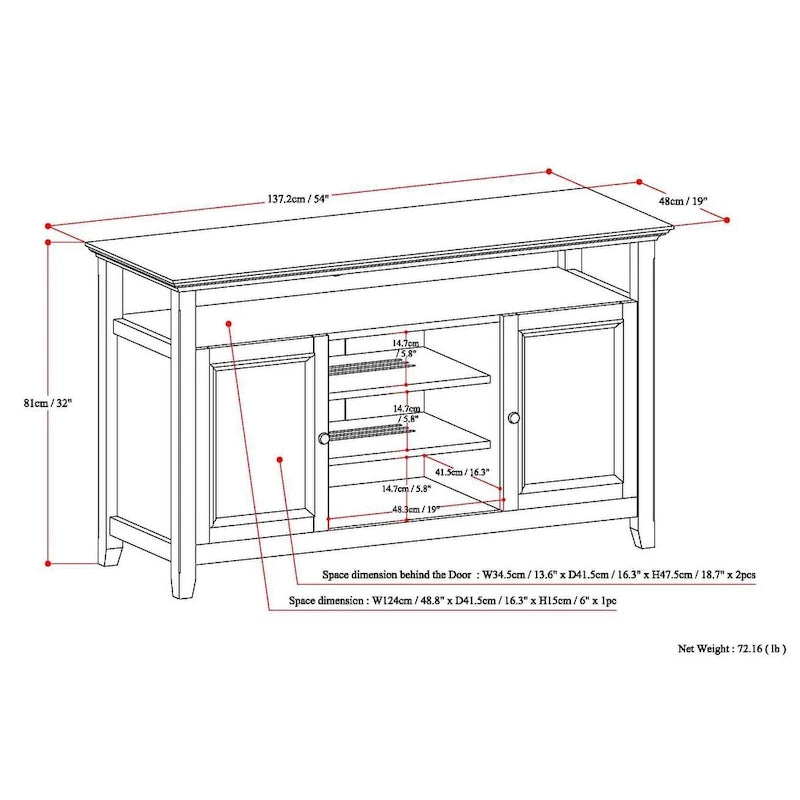 Meuble TV de transition en bois massif de 54 pouces de large Halifax - 54 L x 18,9 P x 31,9 H