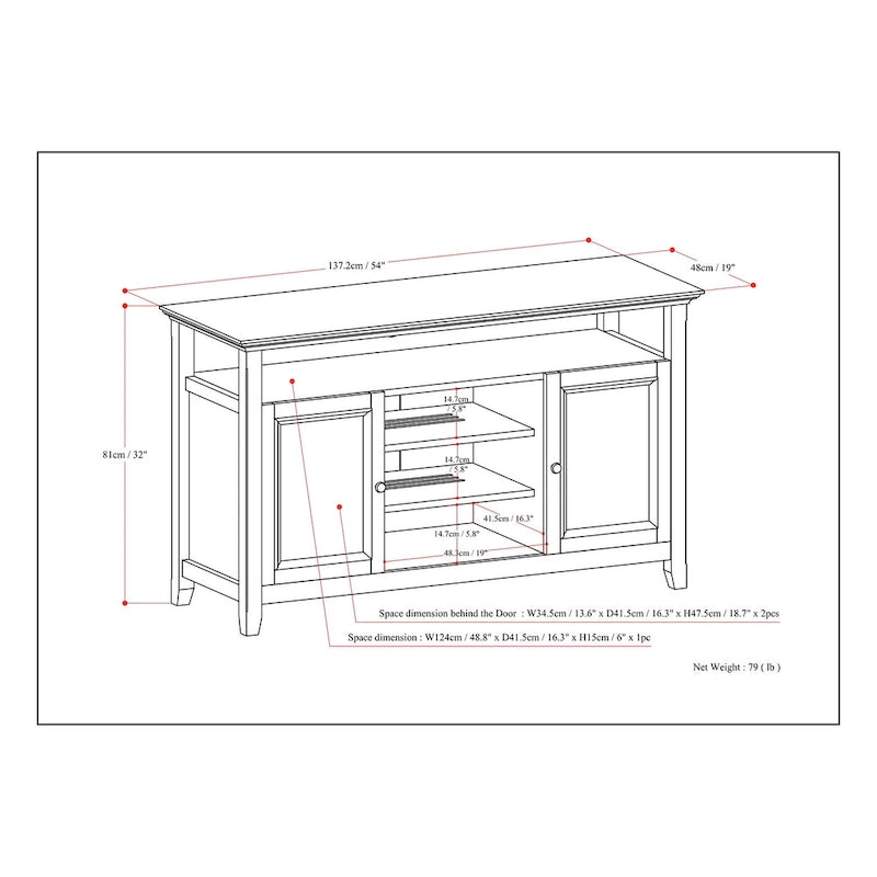 Meuble TV de transition en bois massif de 54 pouces de large Halifax - 54 L x 18,9 P x 31,9 H