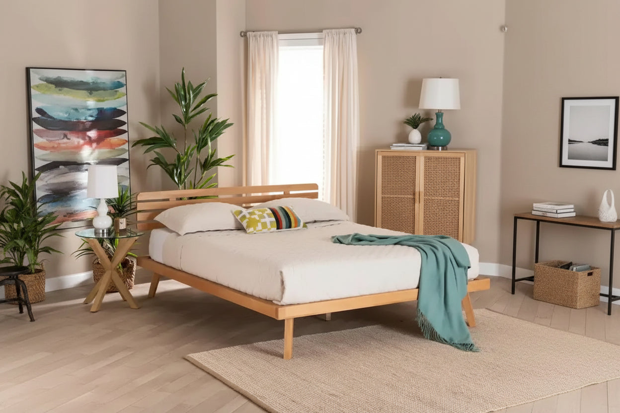 Joaquin Modern Japandi Rustic Brown Finished Wood Platform Bed