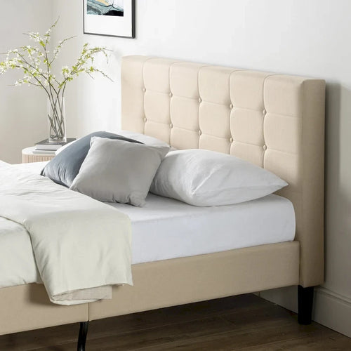 Lit plateforme capitonné en tissu beige - Très grand lit
