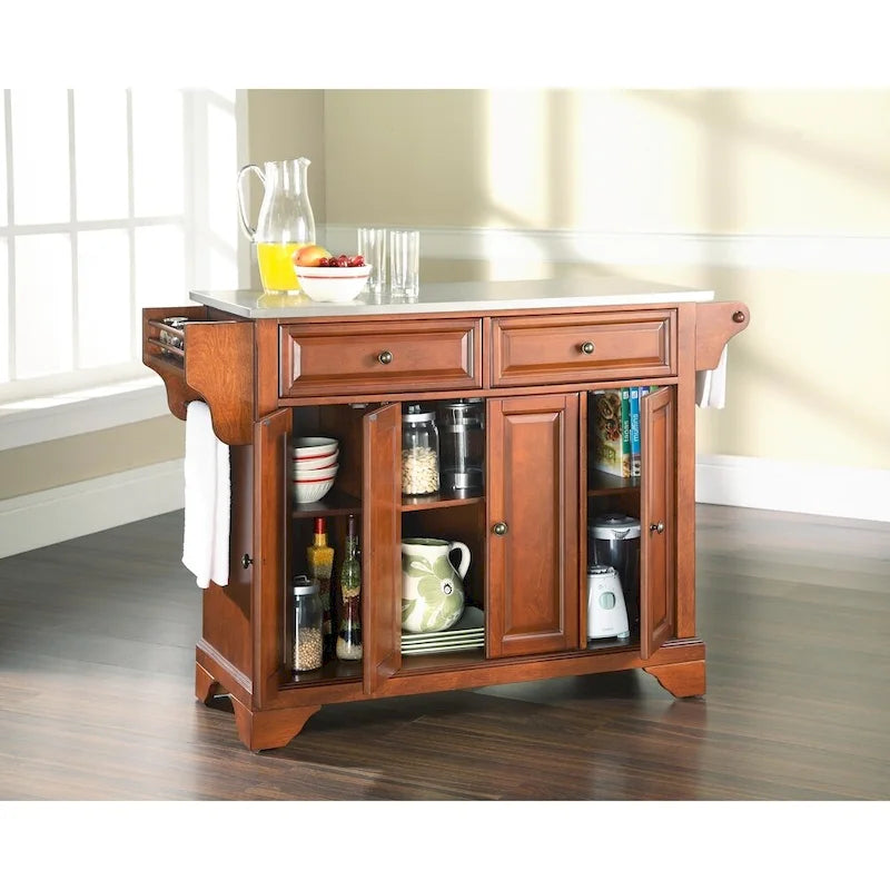 Îlot de cuisine LaFayette avec plateau en acier inoxydable, finition cerisier classique - 51,5 L x 18 P x 36 H
