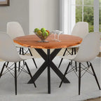Table à manger ronde Kuri 41 pouces fabriquée à la main avec plateau en bois d'acacia brun naturel et pieds en fer noir