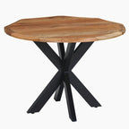Table à manger ronde Kuri 41 pouces fabriquée à la main avec plateau en bois d'acacia brun naturel et pieds en fer noir