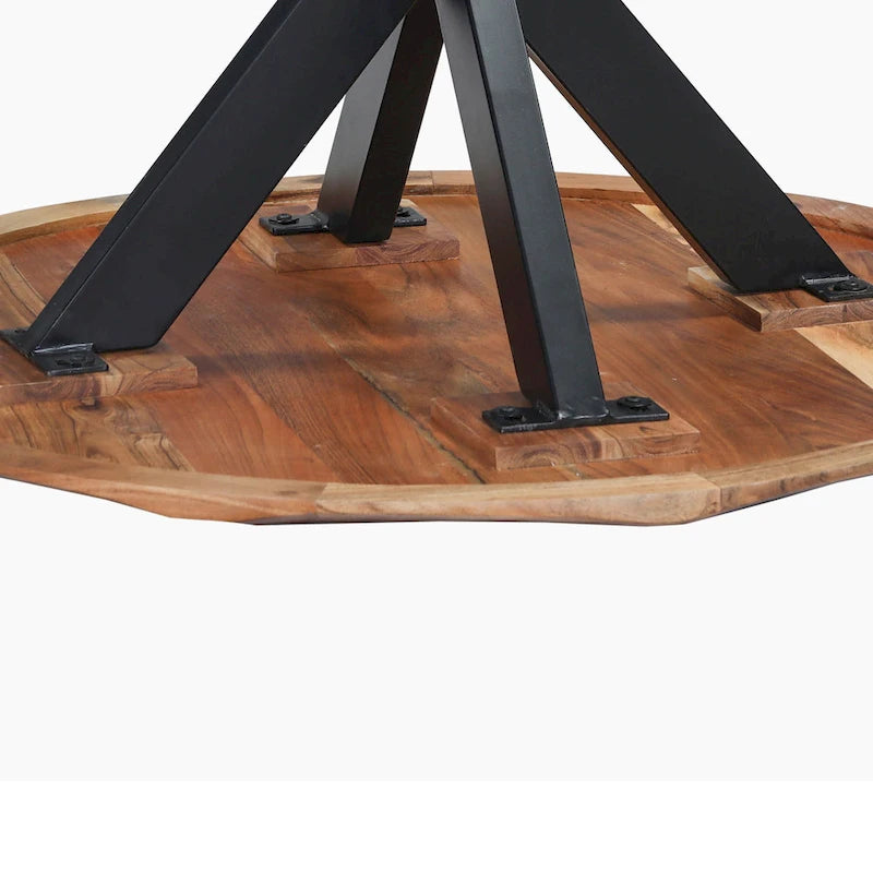 Table à manger ronde Kuri 41 pouces fabriquée à la main avec plateau en bois d'acacia brun naturel et pieds en fer noir
