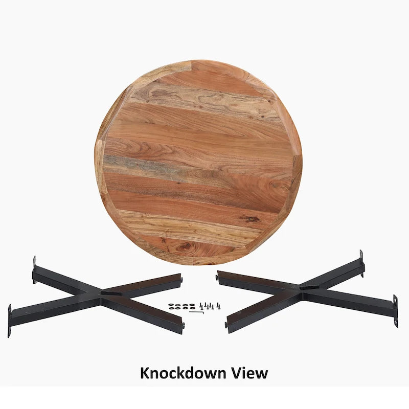 Table à manger ronde Kuri 41 pouces fabriquée à la main avec plateau en bois d'acacia brun naturel et pieds en fer noir