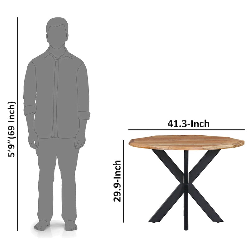 Table à manger ronde Kuri 41 pouces fabriquée à la main avec plateau en bois d'acacia brun naturel et pieds en fer noir