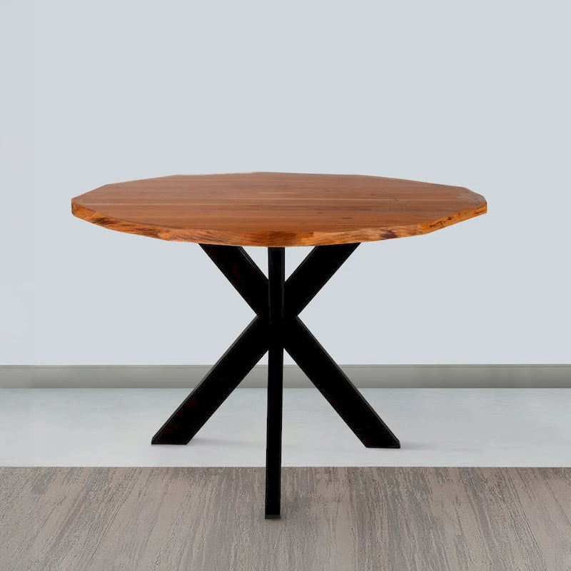 Table à manger ronde Kuri 41 pouces fabriquée à la main avec plateau en bois d'acacia brun naturel et pieds en fer noir