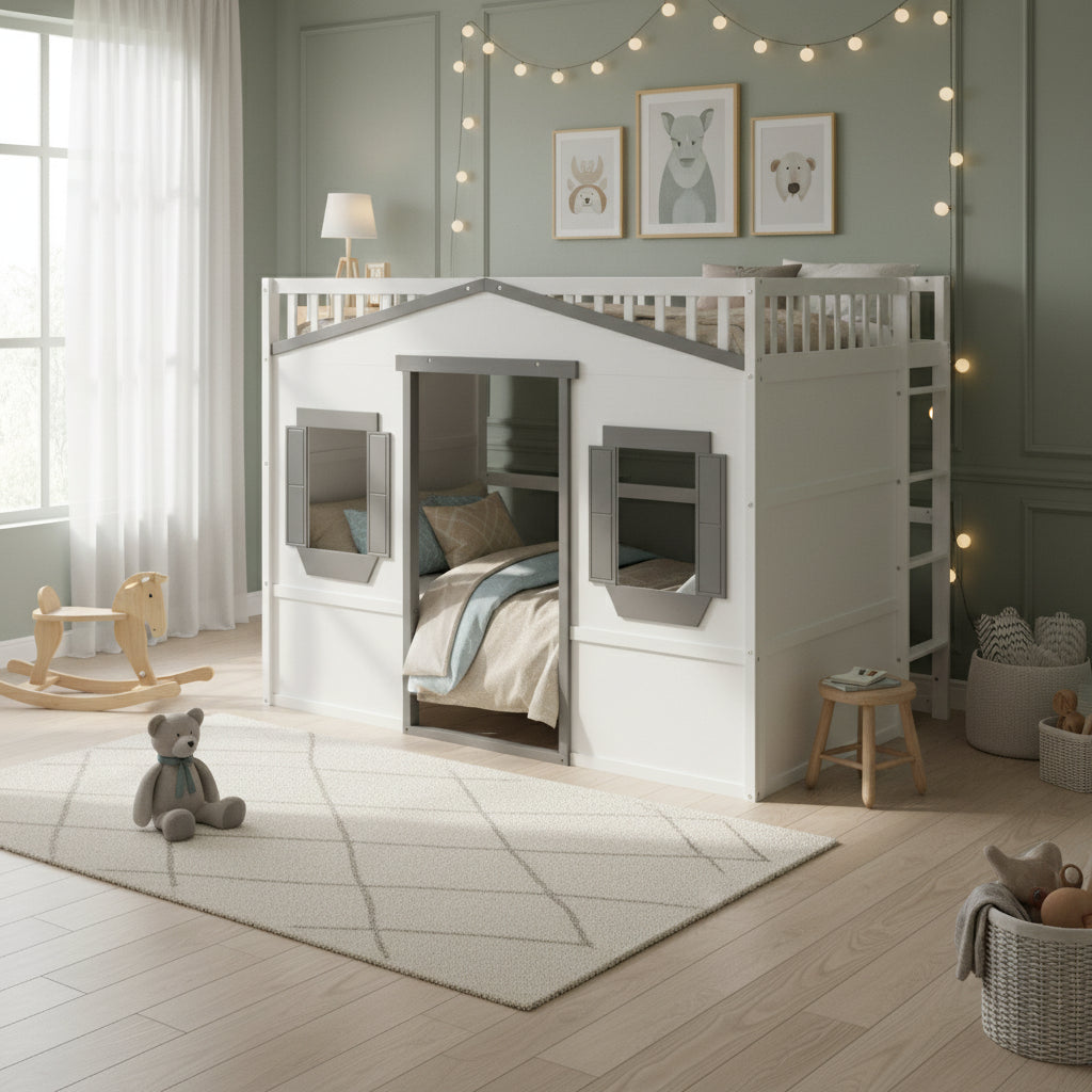 White+Gray Elegant Pine Wood Full Size Loft Bed with Ladder, Solid Construction